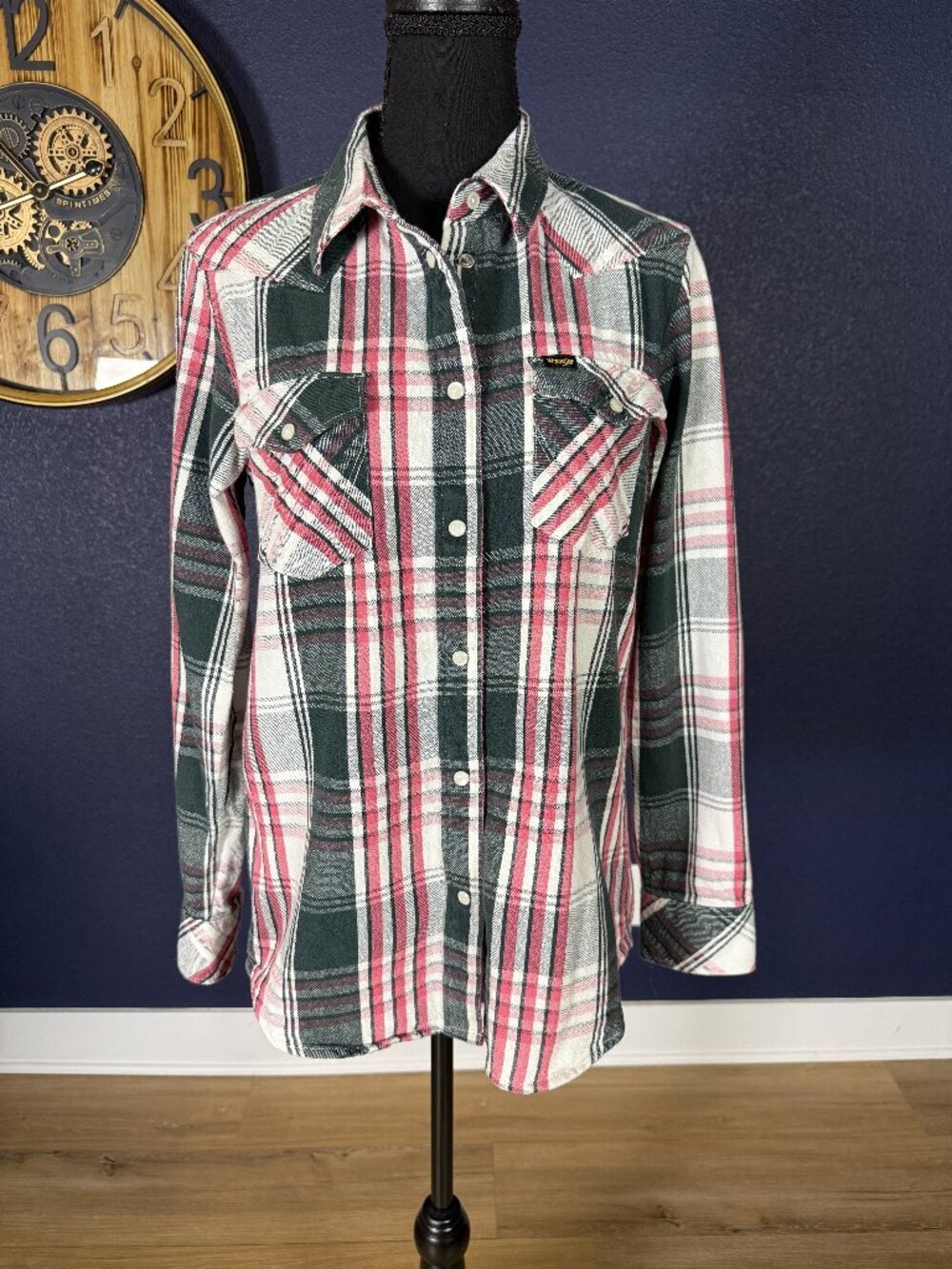 Wrangler Green Pink Plaid Pearl Snap Western Long Sleeve Cotton Shirt | S